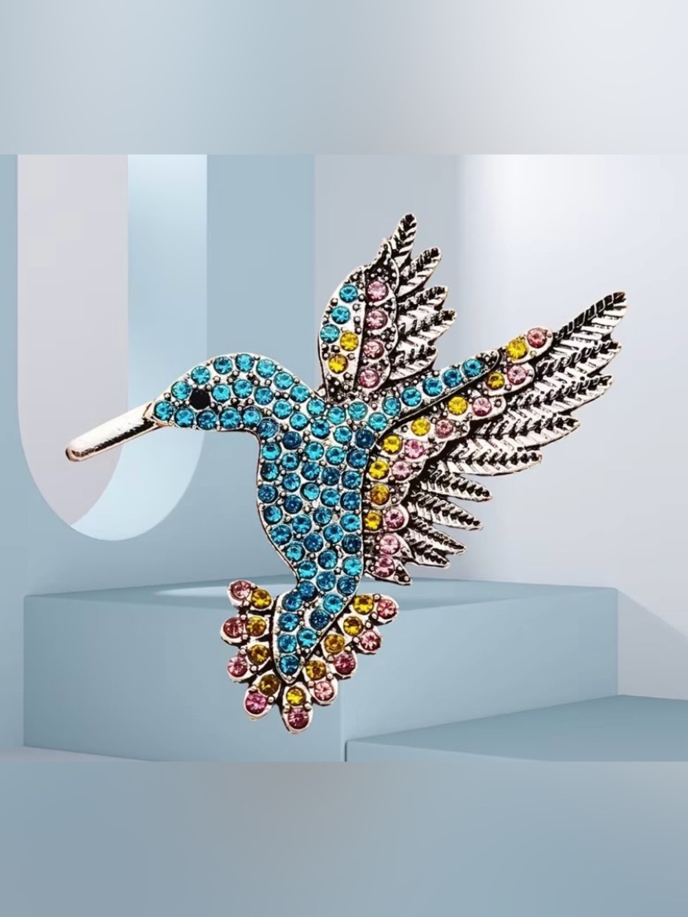 Blue Multi-Color Crystal Hummingbird Brooch - Vintage Style